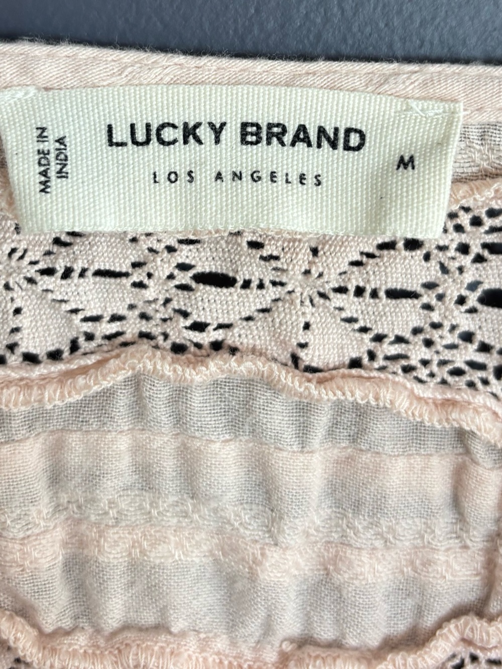 Lucky Brand Lace Yoke Tunic Top Cotton Viscose Peach Whip Medium Cottage Prairie - Picture 8 of 14